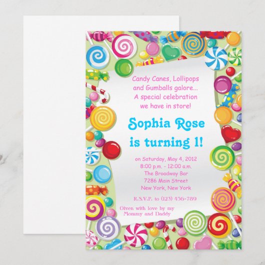 Candyland Sweet Shoppe Birthday Uitnodiging (Voorkant / Achterkant)