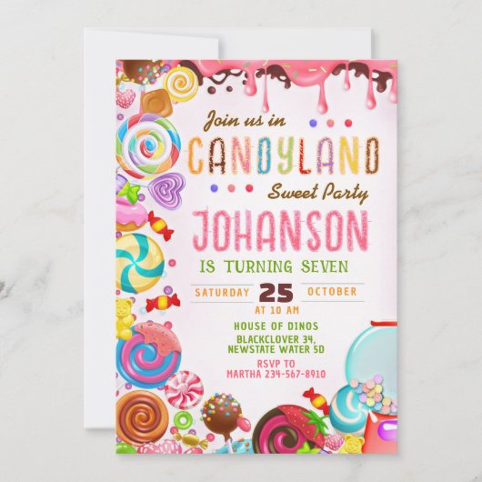 Candyland Sweet verjaardagsfeestje uitnodiging (Voorkant)