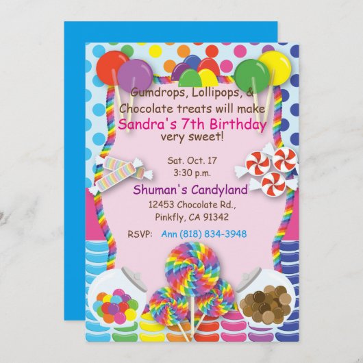 Candyland Sweets Invitation Kaart (Voorkant / Achterkant)