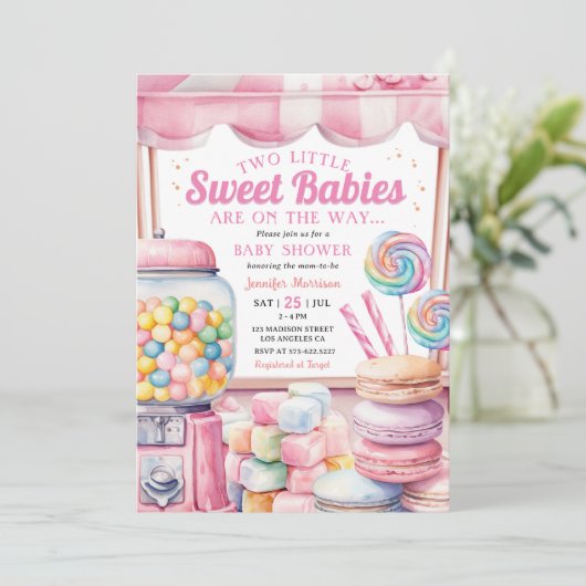 Candyland Twins Baby shower Pink Sweet Girls Kaart (Staand voorkant)