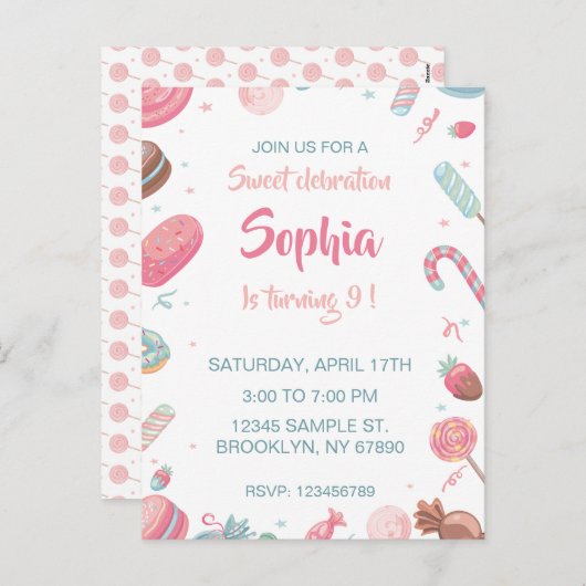 Candyland uitnodiging voor verjaardagsfeestje (Voorkant / Achterkant)