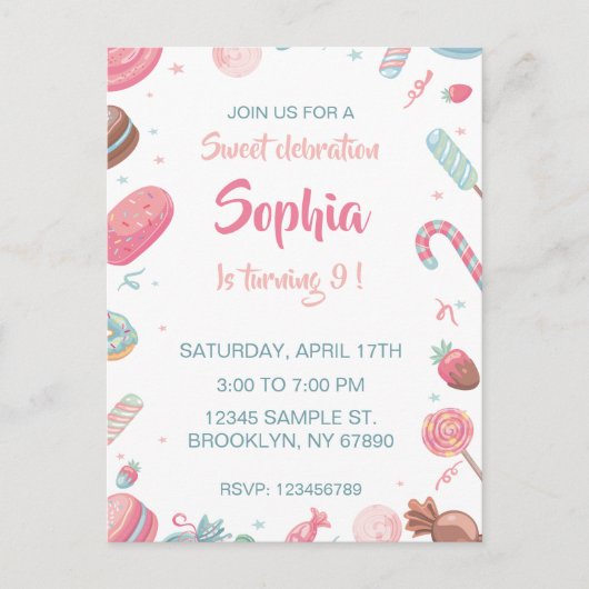 Candyland uitnodiging voor verjaardagsfeestje (Voorkant)