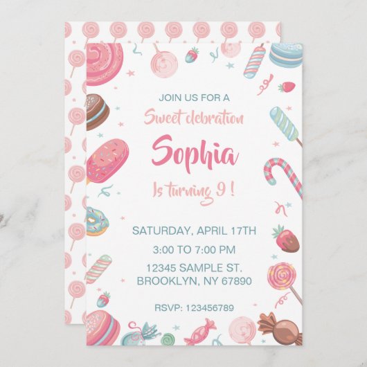 Candyland Verjaardag Uitnodiging Feest Uitnodiging (Voorkant / Achterkant)