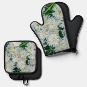 Candytuft witte bloem grafische kunst ovenwant & pannenlap set (Voorkant / Achterkant)