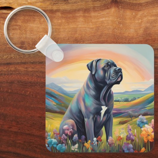 Cane Corso Aangepaste Naam Regenboog Hond Memorial Sleutelhanger (Voorkant)