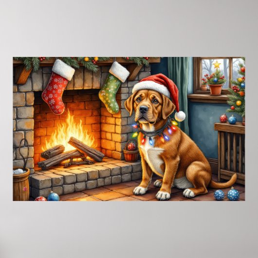 Cane Corso Fireplace with Christmas Lights Poster (Voorkant)