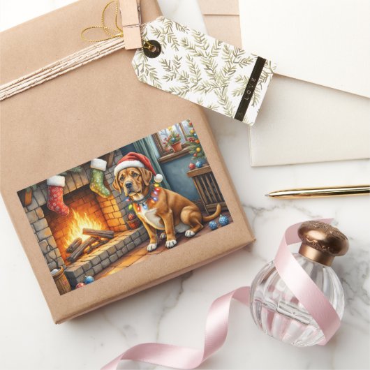 Cane Corso Fireplace with Christmas Lights Rechthoekige Sticker (Geschenken)