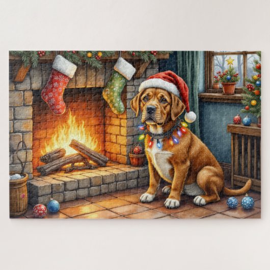 Cane Corso Haard met Kerstverlichting Legpuzzel (Horizontaal)