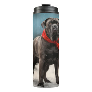 Cane Corso-hond in de sneeuw met Kerstmis Thermosbeker