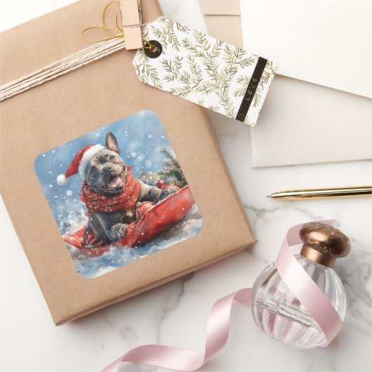 Cane Corso Hond in Sledge Laat het Sneeuw Kerstmis Vierkante Sticker (Geschenken)