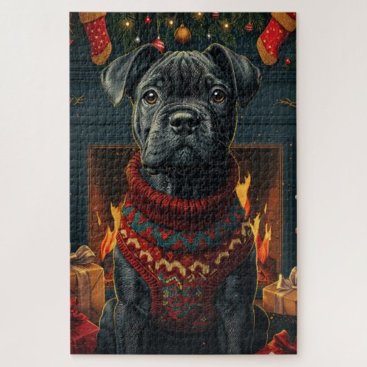 Cane Corso-hond met kerstcadeaus open haard Legpuzzel (Verticaal)