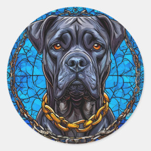 Cane Corso-hond met kettingen in geblauwd glas in  Ronde Sticker