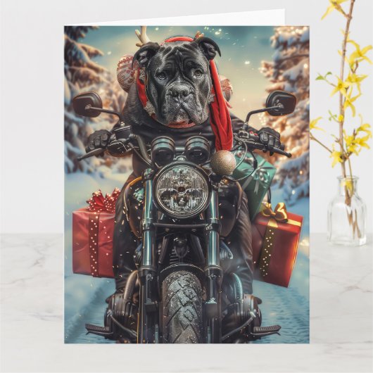 Cane Corso Hond Rijden Motorfiets Kerstmis Kaart (Gele Bloem)