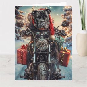 Cane Corso-hond rijdt op motorfiets met Kerstmis Kaart