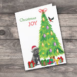 Cane Corso Hond, Vogel en Kerstboom Feestdagen Kaart<br><div class="desc">Op de voorkant van deze kerstkaart draagt een zwarte Cane Corso dog een rood-wit Sinterklaasfeest pet terwijl hij naast een kerstboom zit. Licht verpakte cadeaupakketten zijn verspreid over, en een goudvink landt op de kerstboom. De rode en groene tekst zegt "Christmas JOY". Binnen is gestileerde tekst die VROLIJK KERSTMIS zegt,...</div>