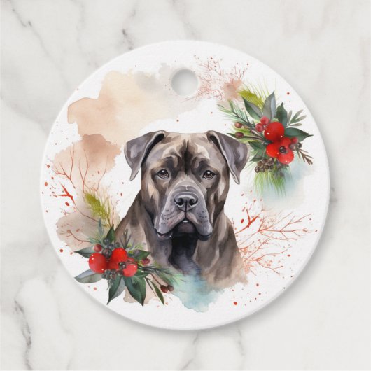 Cane Corso Kerstkrans Feestelijke Pup Bedankjes Labels (Voorkant)