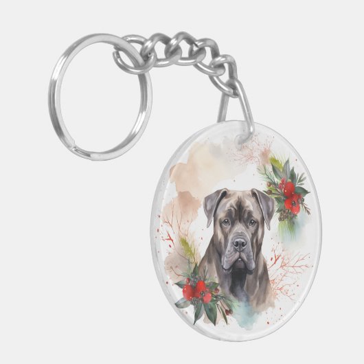Cane Corso Kerstkrans Feestelijke Pup Sleutelhanger (Voorkant Links)