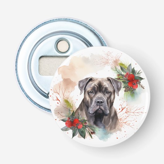 Cane Corso Kerstkrans Festieve Pup Button Flesopener (Voorkant)