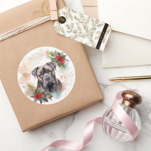 Cane Corso Kerstkrans Festieve Pup Ronde Sticker (Geschenken)
