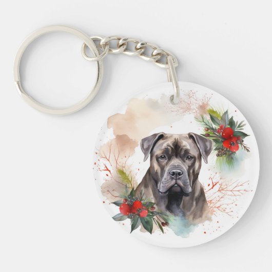 Cane Corso Kerstkrans Festieve Pup Sleutelhanger (Voorkant)