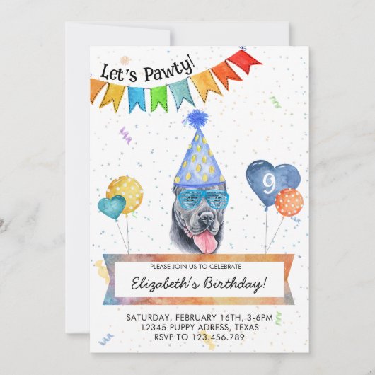 Cane Corso laat Pawty Dog Birthday Party Kaart (Voorkant)