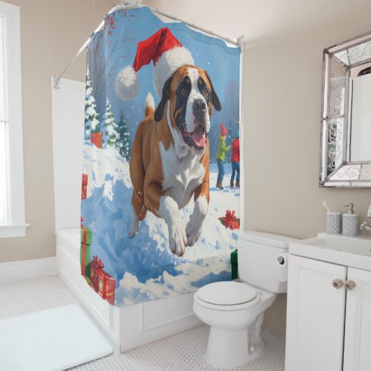 Cane Corso Rent in de Sneeuw met Kerstmuts Douchegordijn (In situ)