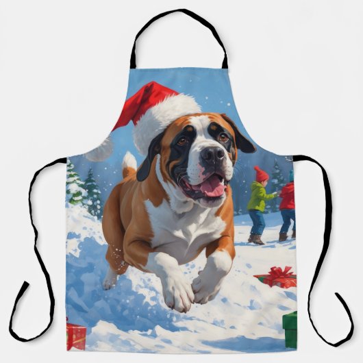 Cane Corso Rent in de Sneeuw met Kerstmuts Schort (Voorkant)