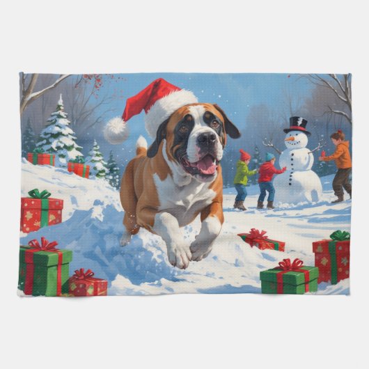 Cane Corso Rent in de Sneeuw met Kerstmuts Theedoek (Horizontaal)