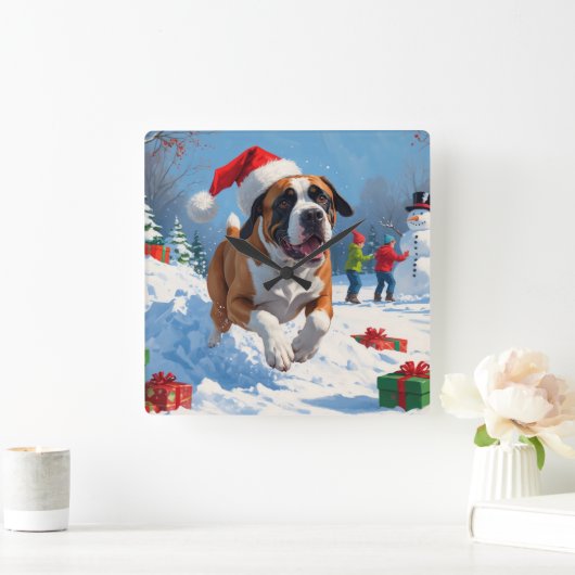 Cane Corso Rent in de Sneeuw met Kerstmuts Vierkante Klok (Huis)
