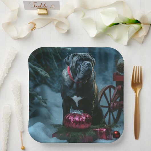 Cane Corso Snowy Sleigh Kerst Decor Papieren Bordje (Huwelijk)
