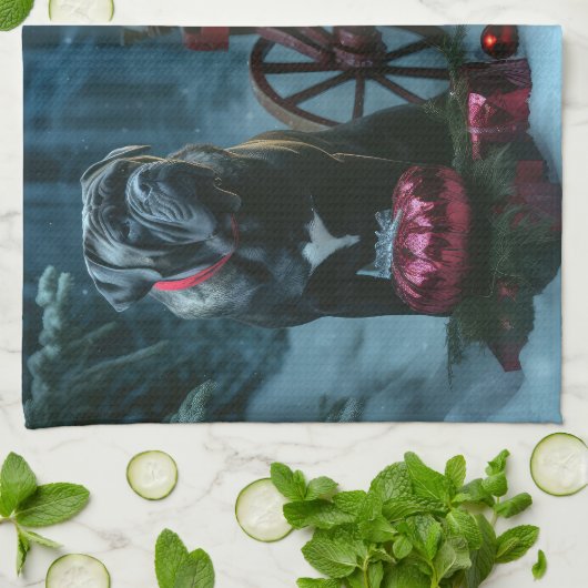 Cane Corso Snowy Sleigh Kerst Decor Theedoek (Gevouwen)