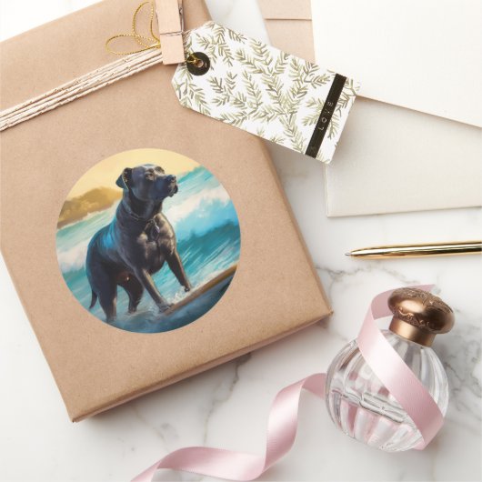Cane Corso strand surfen schilderij Ronde Sticker (Geschenken)