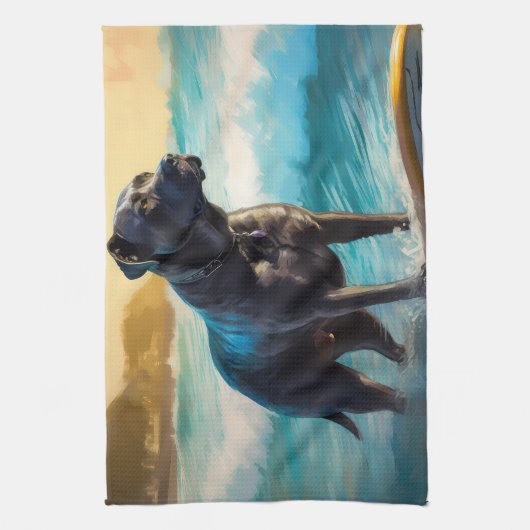 Cane Corso strand surfen schilderij Theedoek (Verticaal)