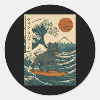 Cane Corso Surfing Japanese Wave  Ronde Sticker