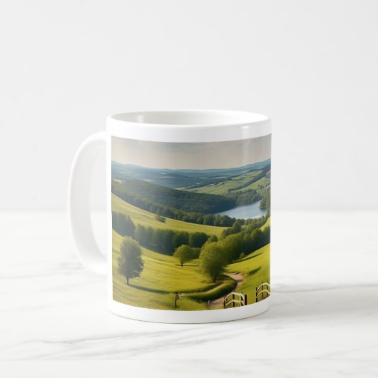 Caneca com paisagem e lago ao fundo koffiemok (Voorkant links)