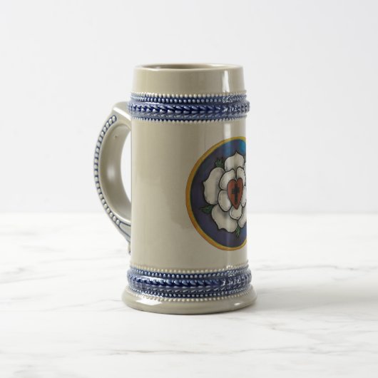 Caneca de cerveja com Rosa e citação de lutero Bierpul (Voorkant links)