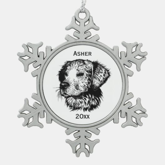 Canine Head Schets Naam en Jaar Tin Sneeuwvlok Ornament (Voorkant)