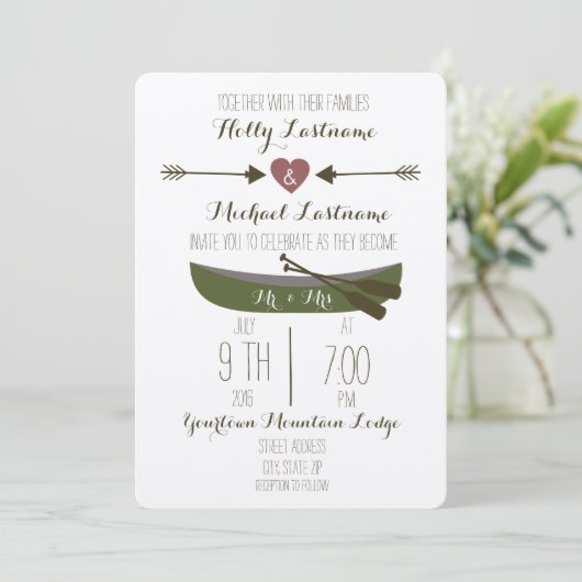 Canoe + Arrows Rustic Wedding Invitation Kaart (Staand voorkant)