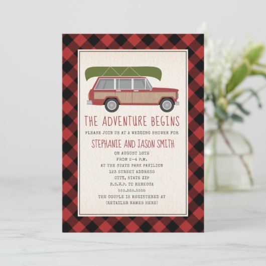 Canoë Car Plaid Trouw Bruiloft Feestje Kaart (Staand voorkant)