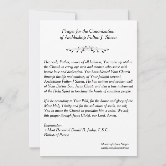 CANONIZATION ARCHBISHOP FULTON SHEEN PRAYER KAART (Achterkant)