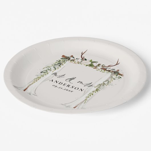 Canopy rustic botanical bruiloft mr. and mrs scrip papieren bordje (Gekanteld)