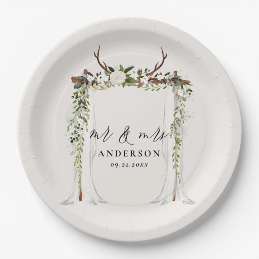 Canopy rustic botanical bruiloft mr. and mrs scrip papieren bordje (Voorkant)