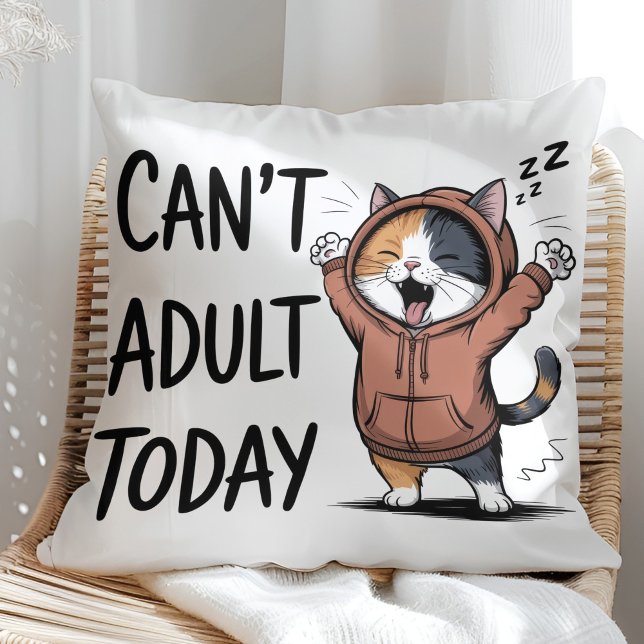 "Can't Adult Today" Funny Cat Kussen ("Can't Adult Today" Funny Cat Throw Pillow in a sunny boho neutral rattan chair)