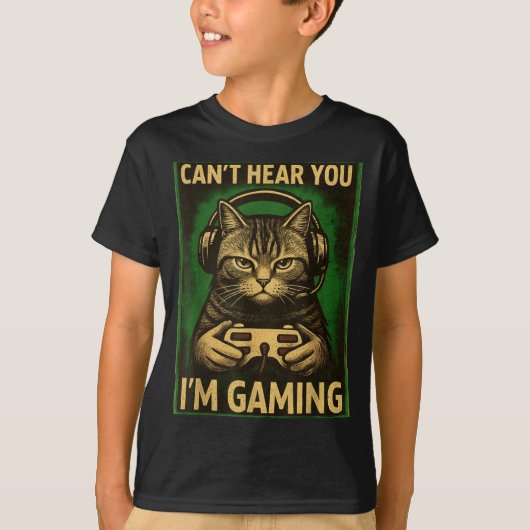 Can't Hear You I'm Gaming Funny Gamer Cat Playing T-shirt (Voorkant)