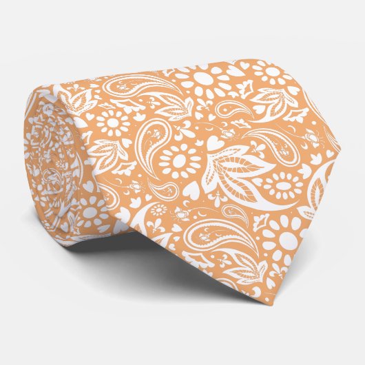 Cantaloupe en White Romantic Paisley Pattern Stropdas (Opgerold)