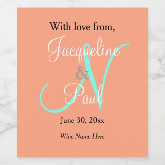Cantaloupe Turquoise Wedding Monogram Dank je Wijn Etiket (Enkel label)