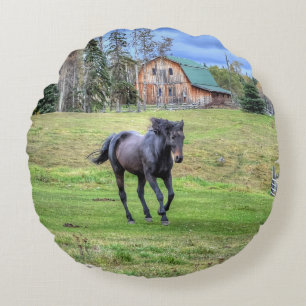 Cantering Black Percheron Horse Equine Photo 2 Rond Kussen