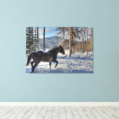 Cantering Black Percheron Horse & Snow Photo 2 Canvas Afdruk (Insitu (Houten vloer))