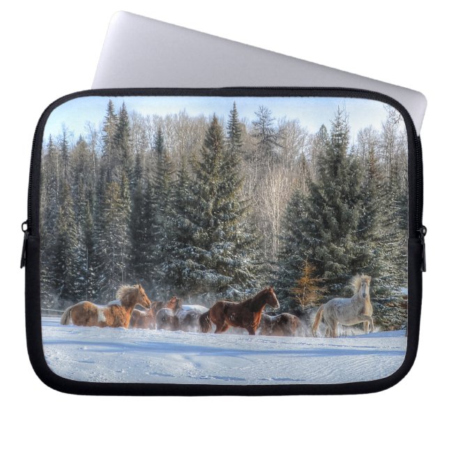 Cantering, Running Horses in Winter Snow Photo Laptop Sleeve (Voorkant)