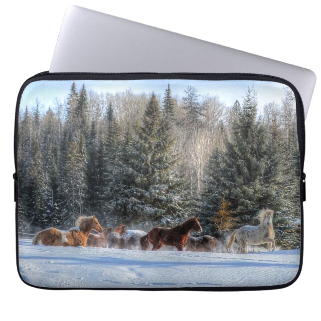 Cantering, Running Horses in Winter Snow Photo Laptop Sleeve (Voorkant)